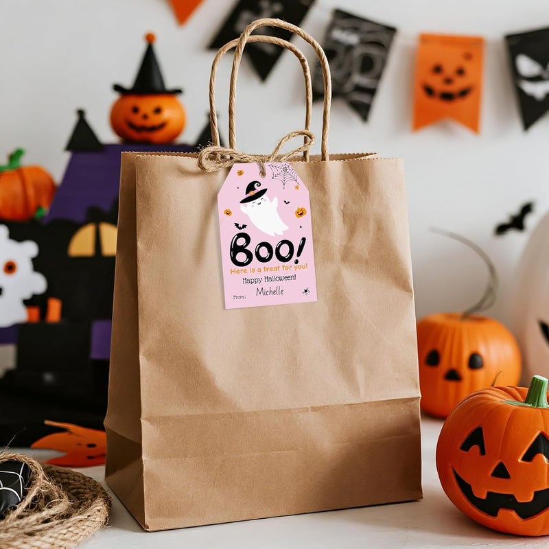 Alynta Halloween Tags with String - 50Pcs Happy Halloween Paper Gift Tags Boo Tag Pumpkin Ghost Name Tag Labels for Goodie Bags Gift Wrapping Halloween Decorations (Pink) - Image 4